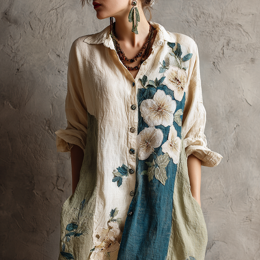 Women's Vintage Floral Oil Painting Art Colorblock Cotton And Linen Shirt
