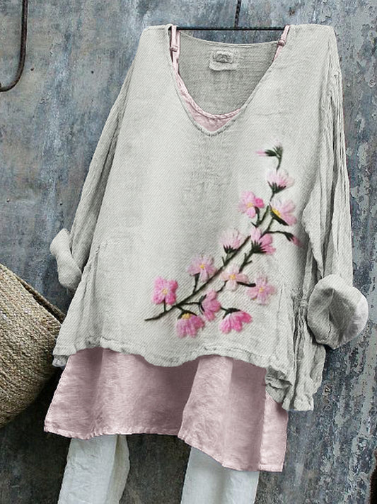 Japanese Cherry Blossom Embroidered Linen Tunic