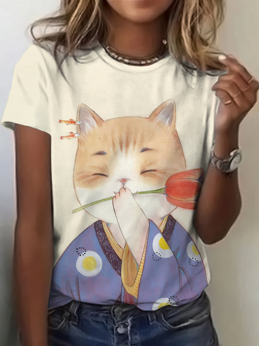 Fun Cat Wearing Kimono Holding A Rose Print T-shirt