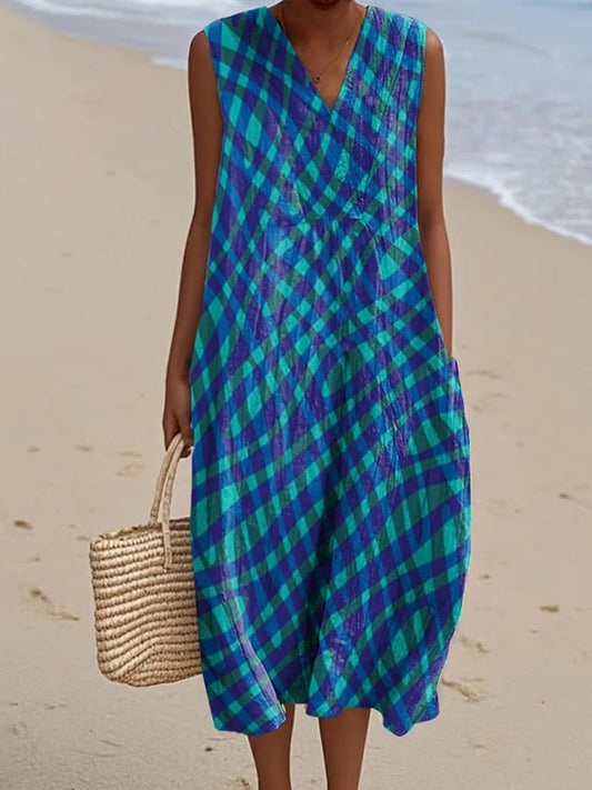 Women's casual V-neck printed cotton-linen dress