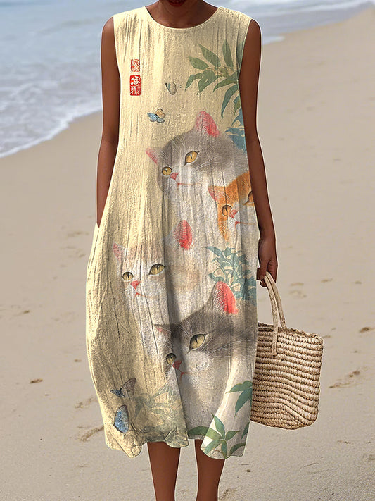 Cute Four Cats Pattern Tank Maxi Dress