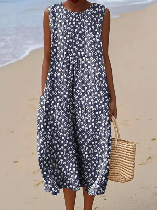 Women's casual cotton-linen printed dress