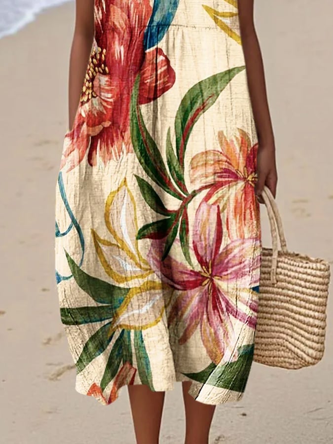 Women's Casual Floral Print Round Neck Sleeveless Dress