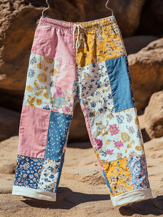 Women's Retro Geometric Floral Art Cotton And Linen Casual Pants