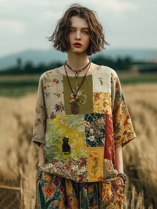 Vintage Japanese Cute Cat Floral Patchwork Linen T-shirt