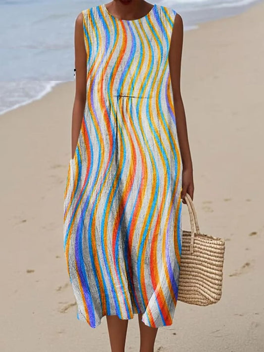 Women's casual cotton-linen printed dress