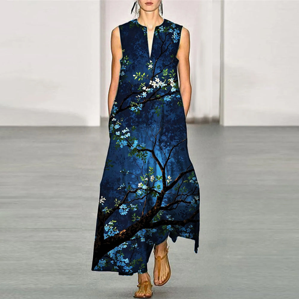 Japanese Floral Patchwork Women's V-neck Vest Maxi Dress