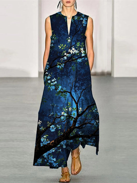Japanese Floral Patchwork Women's V-neck Vest Maxi Dress