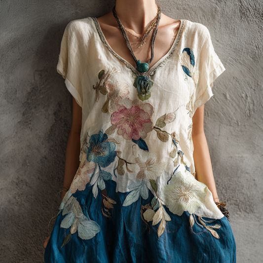Women's Vintage Floral Oil Painting Art Cotton And Linen Short Sleeve Dress