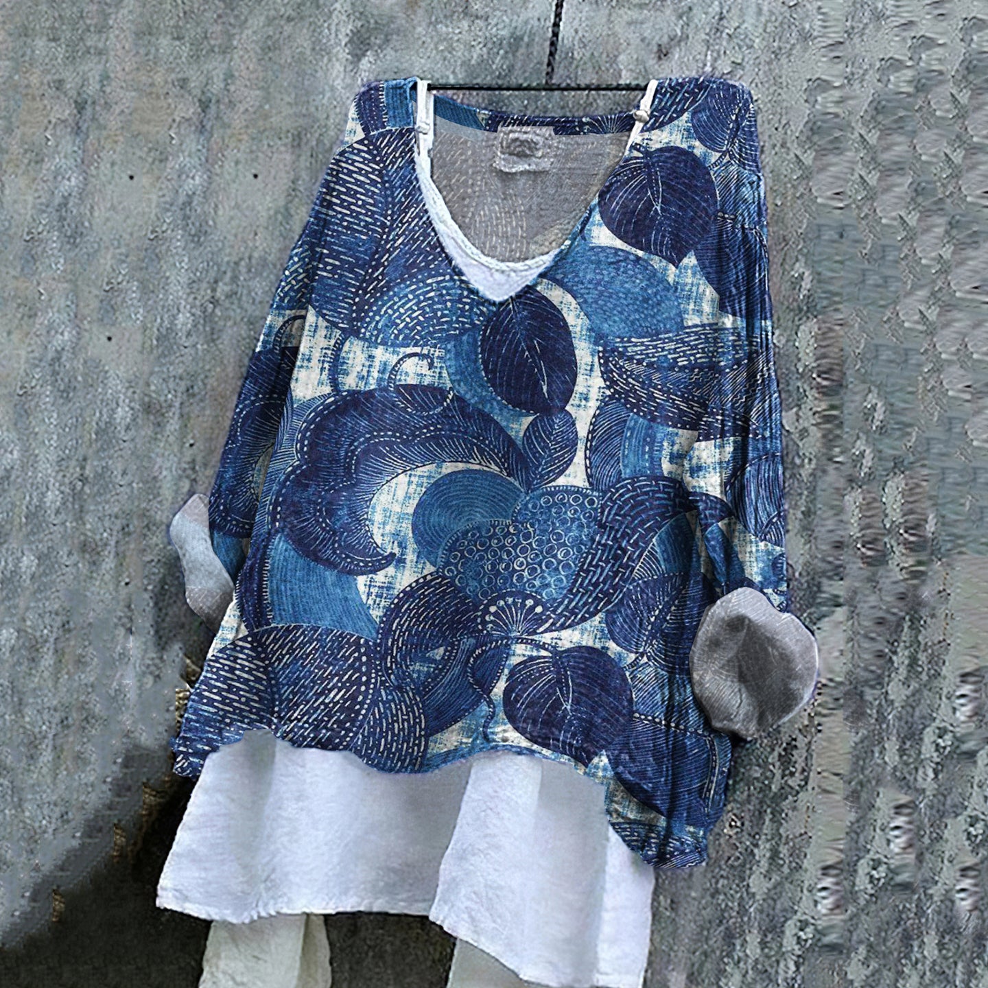 Women's Japanese Flower Art V-neck Linen Blend Shirt