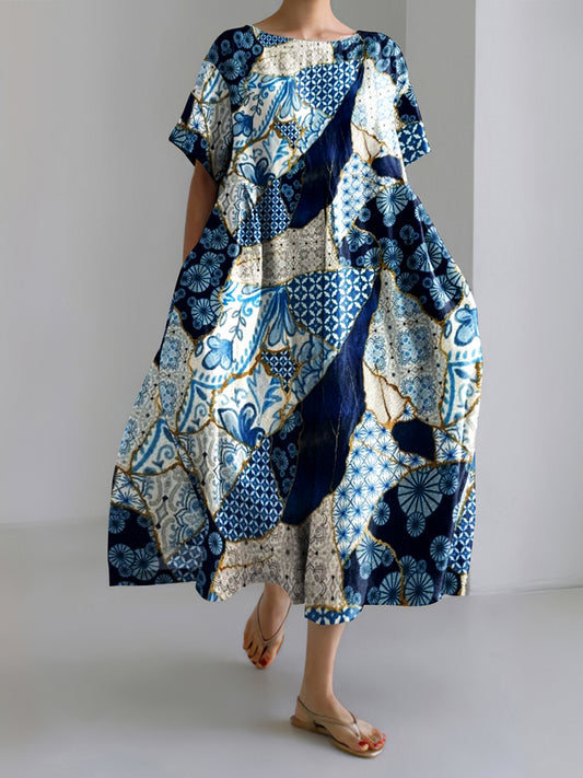 Ceramic Shards Stitching Creative Print Midi Dress