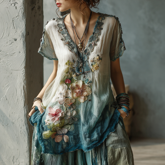 Women's Vintage Colored Cherry Blossom Linen Short Sleeve T-shirt