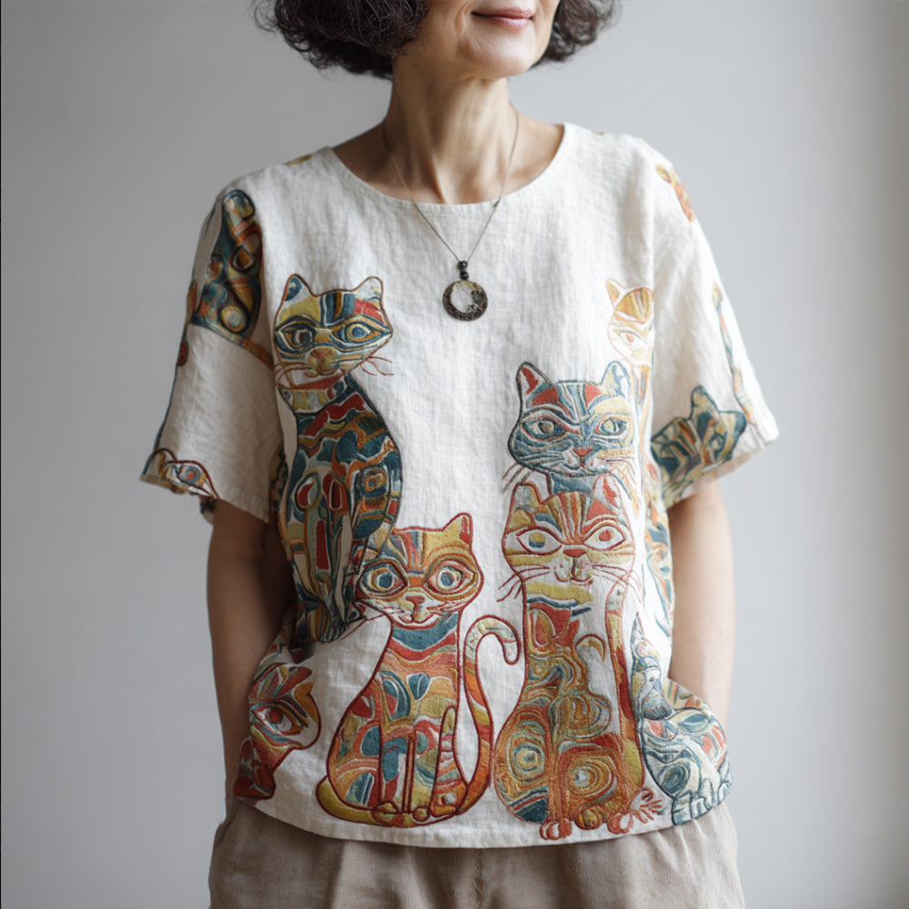 Cat Embroidery Short-sleeved Shirt