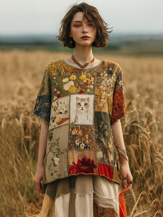Vintage Japanese Cute Cat Floral Patchwork Linen T-shirt