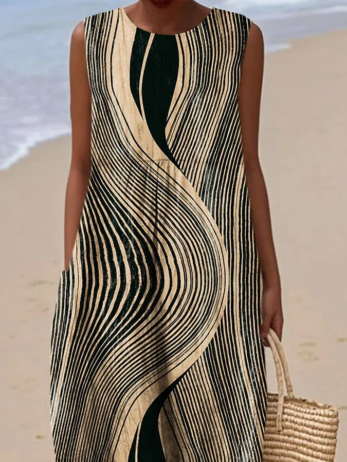 Women's Casual Striped Print Round Neck Sleeveless Dress