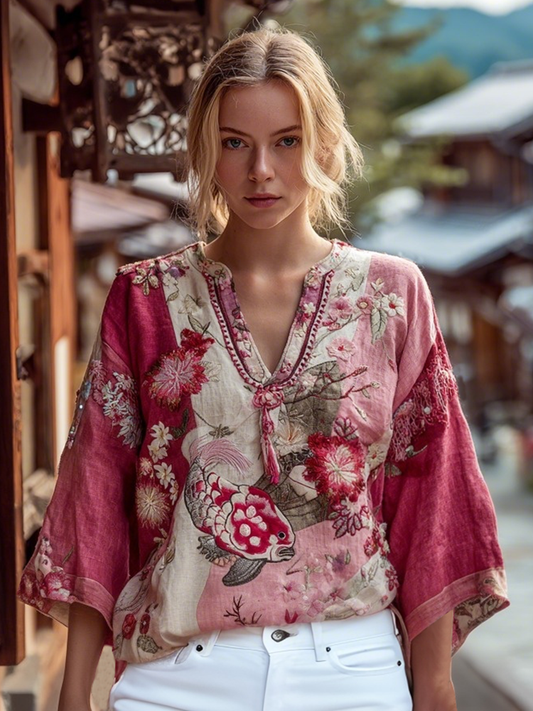 Vintage Pink Koi Floral Embroidery Linen Blend Shirt