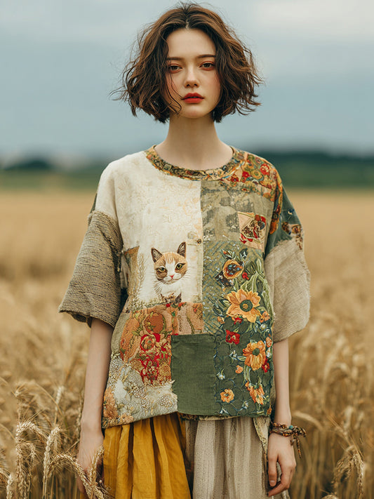 Vintage Cute Cat Floral Patchwork Linen T-shirt