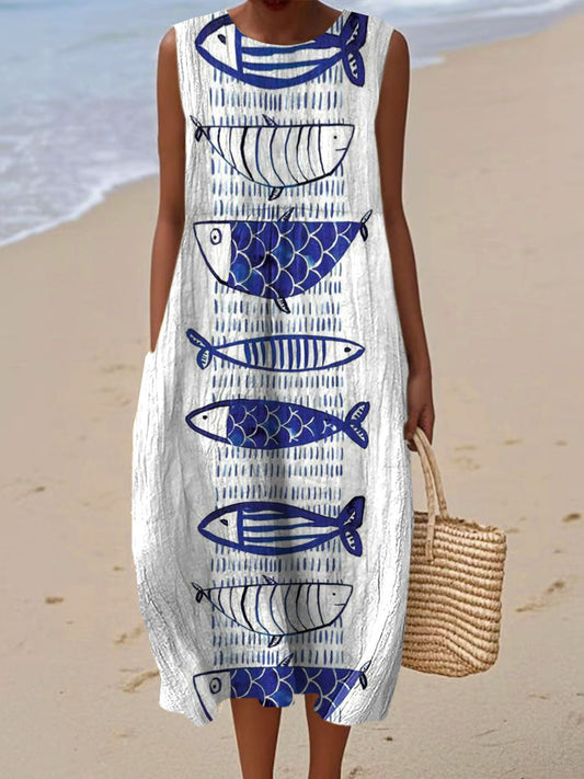 Women's Vintage Fish Art Print Sleeveless Cotton Pocket Wrap Dress