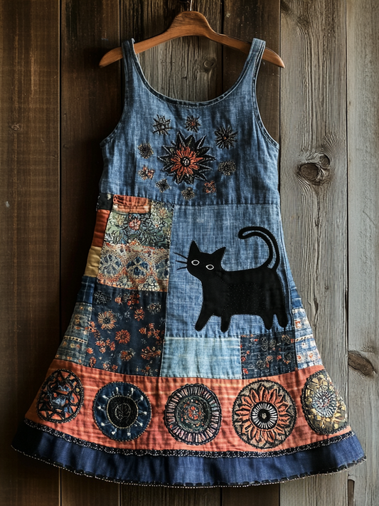 Women's Retro Cat And Mandala Pattern Sleeveless Dress