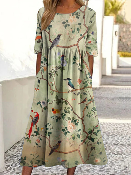 Japanese Floral And Bird Art Print Round Neck Loose Midi Dress
