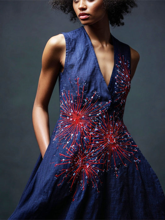 Japanese Art Firework Embroidery Women's Linen V-neck Vest Dress