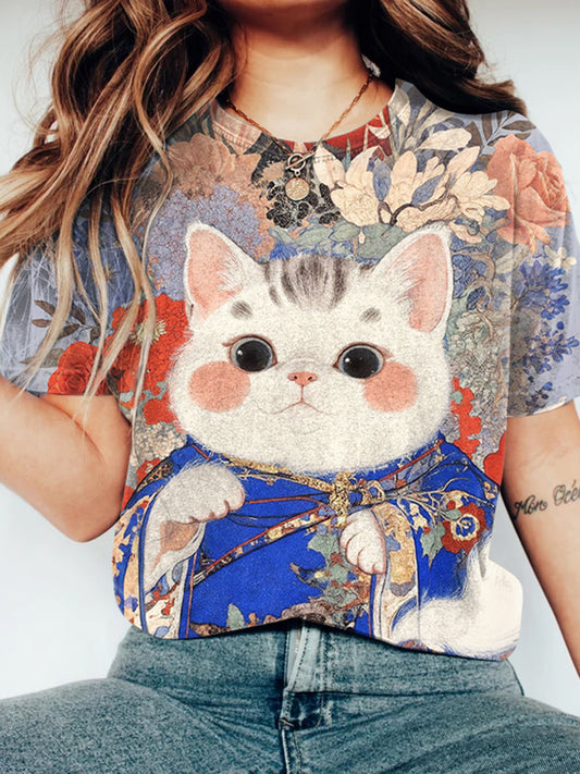 Cute Cat In Kimono Floral T-shirt
