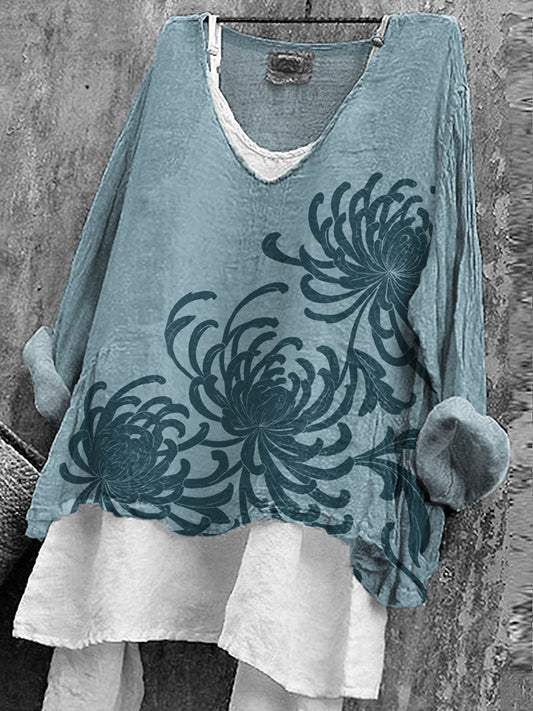 Women's Japanese Chrysanthemum Art V-neck Linen Blend T-shirt