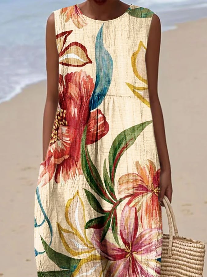 Women's Casual Floral Print Round Neck Sleeveless Dress