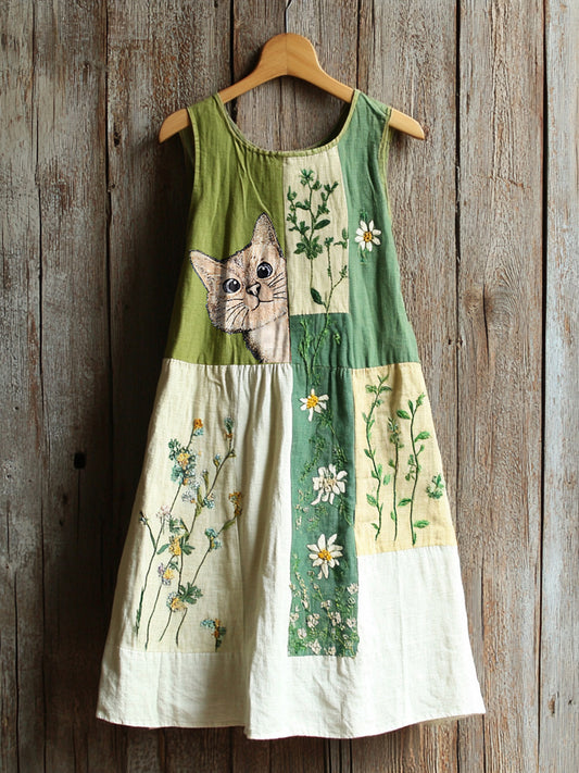 Vintage Cute Cat Floral Patchwork Midi Dress