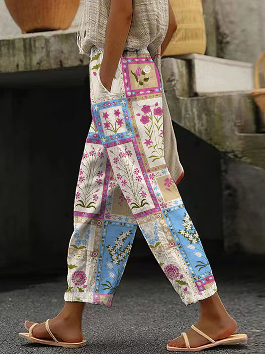 Women's Retro Geometric Floral Art Cotton And Linen Casual Pants
