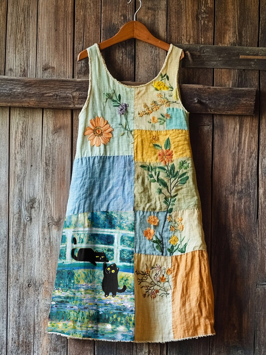 Women's Retro Cute Cat And Lotus Pattern Sleeveless Dress