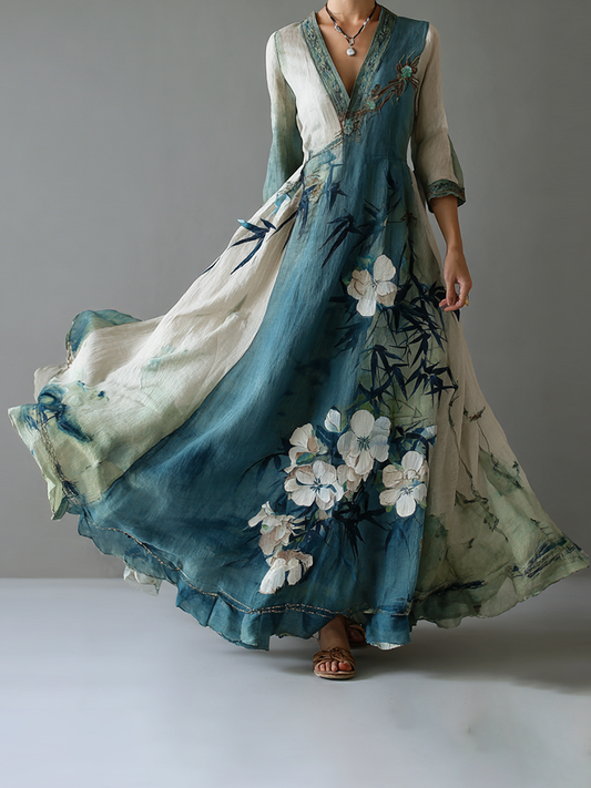 Women's Retro Ink Painting Bamboo And Cherry Blossom Linen Long Sleeve Dress