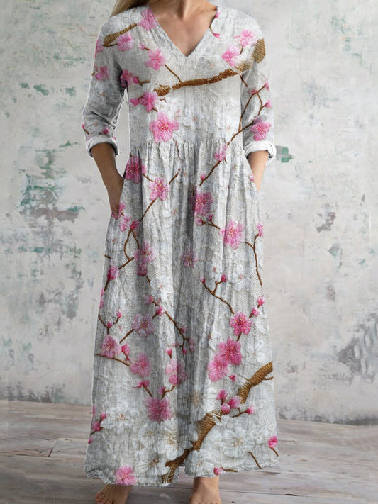 Plum Lace Floral Women's Linen Maxi Dress