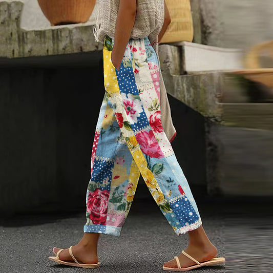 Women's Vintage Floral Patchwork Cotton And Linen Casual Pants