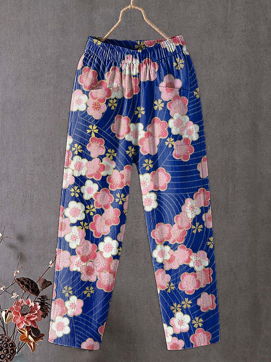 Japanese Sakura Art Print Linen Blend Casual Pocket Pants