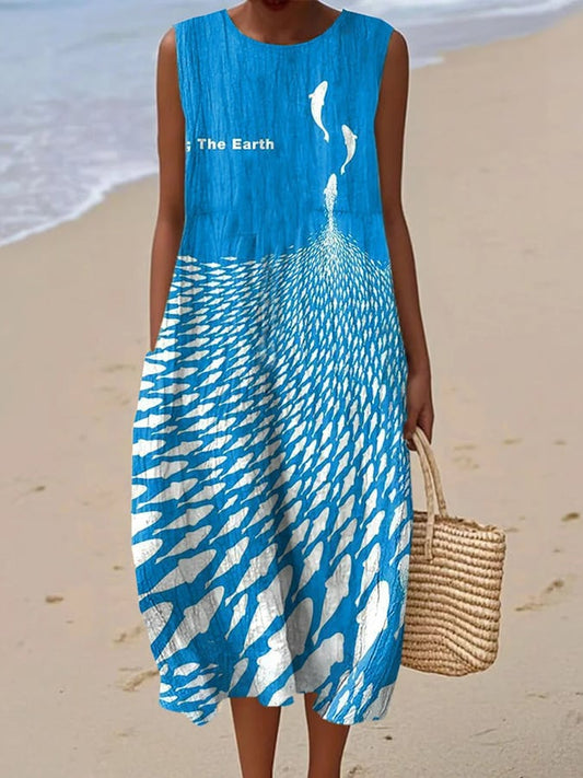 Women's casual cotton-linen printed dress