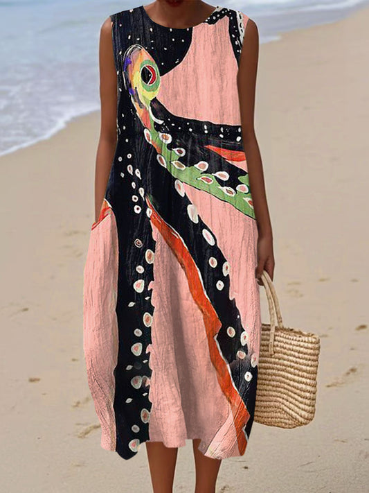 Women's Vintage Octopus Art Print Sleeveless Cotton Pocket Wrap Dress