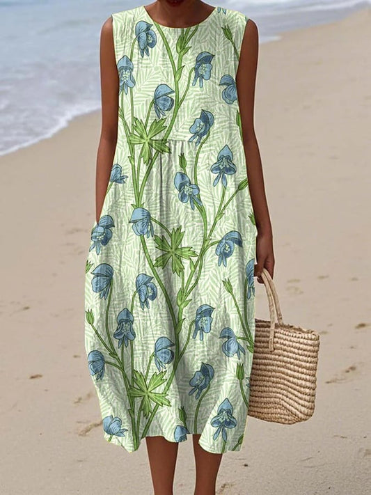 Women's casual cotton-linen printed dress