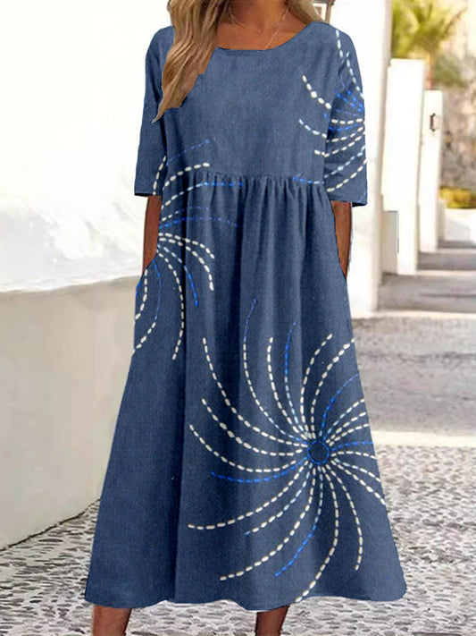 Japanese Firework Sashiko Art Linen Maxi Dress
