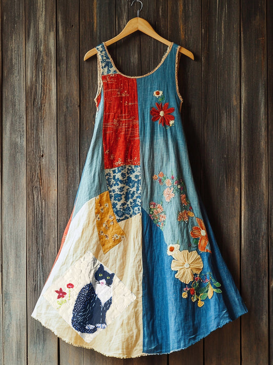 Cute Cat Floral Patchwork Midi Dress