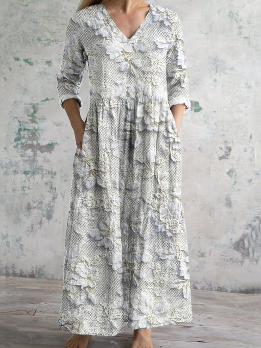 Vintage Lace Floral Women's Linen Maxi Dress