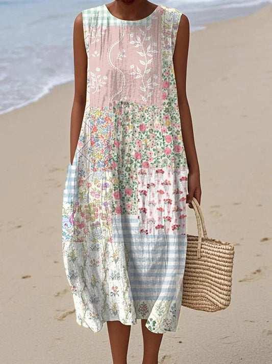 Women's casual cotton-linen printed dress
