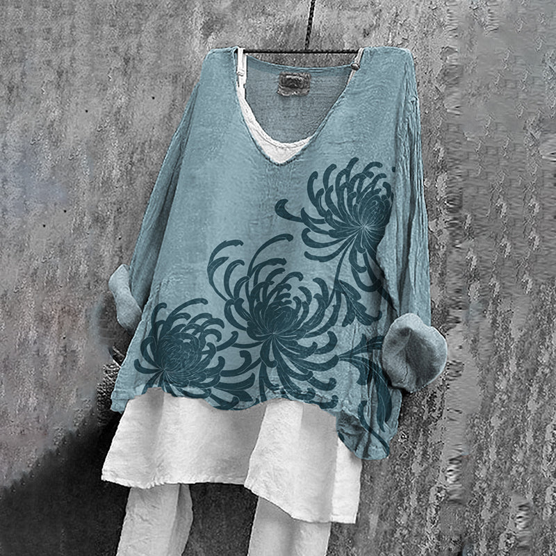 Women's Japanese Chrysanthemum Art V-neck Linen Blend T-shirt