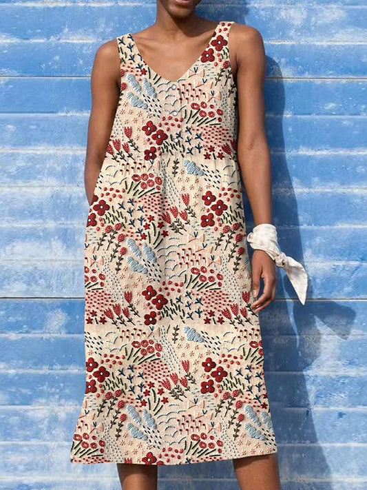 Women's Japanese Flower Embroidery Art V-neck Button Tank Midi Dress