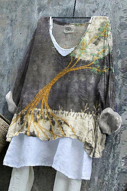 Women's Retro Tree Embroidery Color Cotton And Linen Shirt