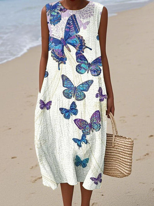 Women's Casual  Butterfly Print Round Neck Sleeveless Dress