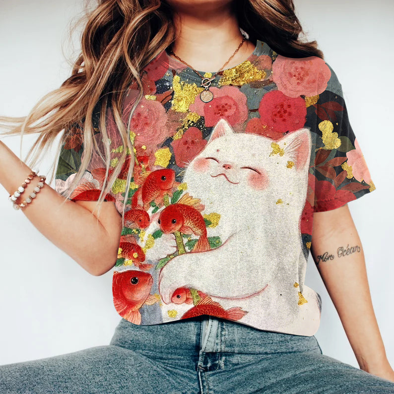 Cute Cat Holding Carp Floral T-shirt