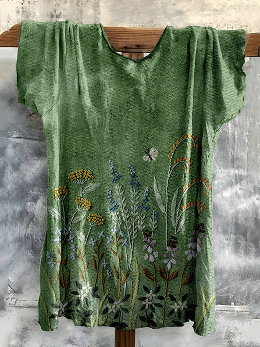Vintage Embroidered Fresh Floral Cotton T-shirt