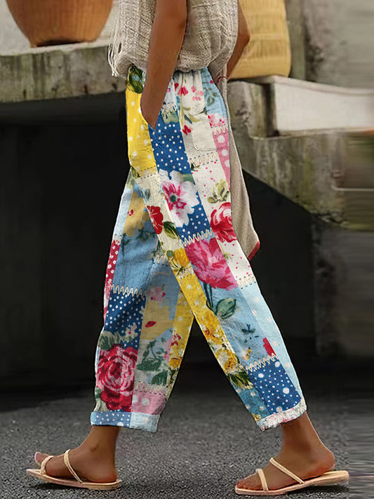 Women's Vintage Floral Patchwork Cotton And Linen Casual Pants