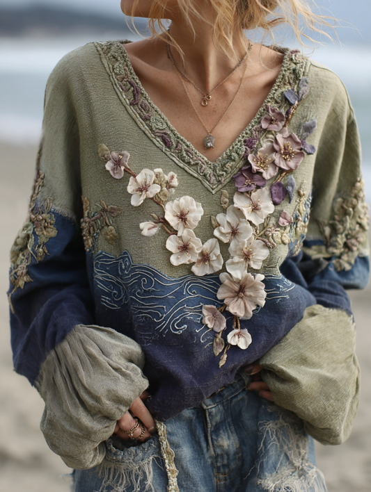 Classy Vintage Gradient Japanese Sakura Cherry Blossoms Embroidered Linen V Neck Long Sleeve Shirt